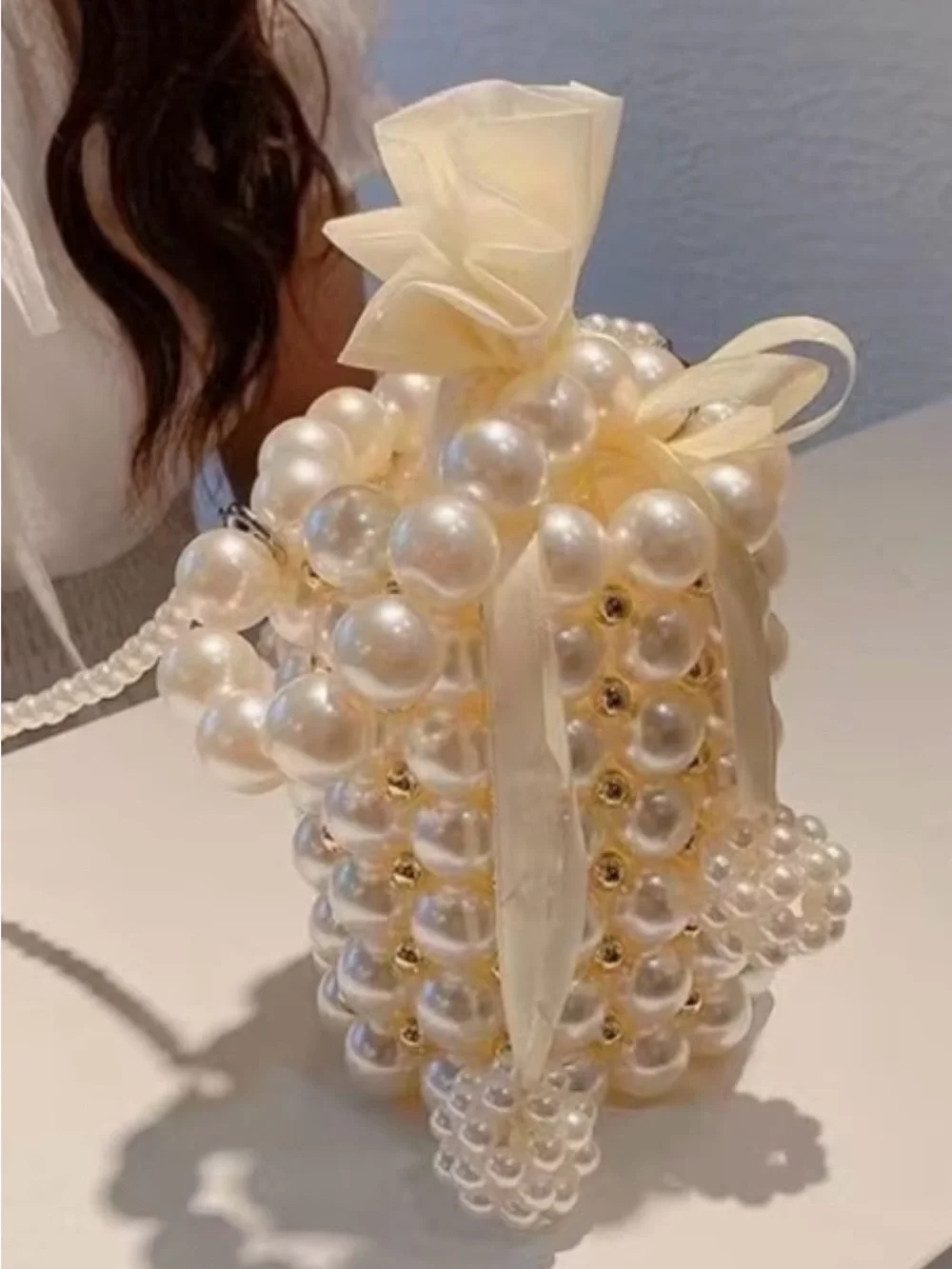 Pearl Bead Drawstring Bucket Bag - Cream